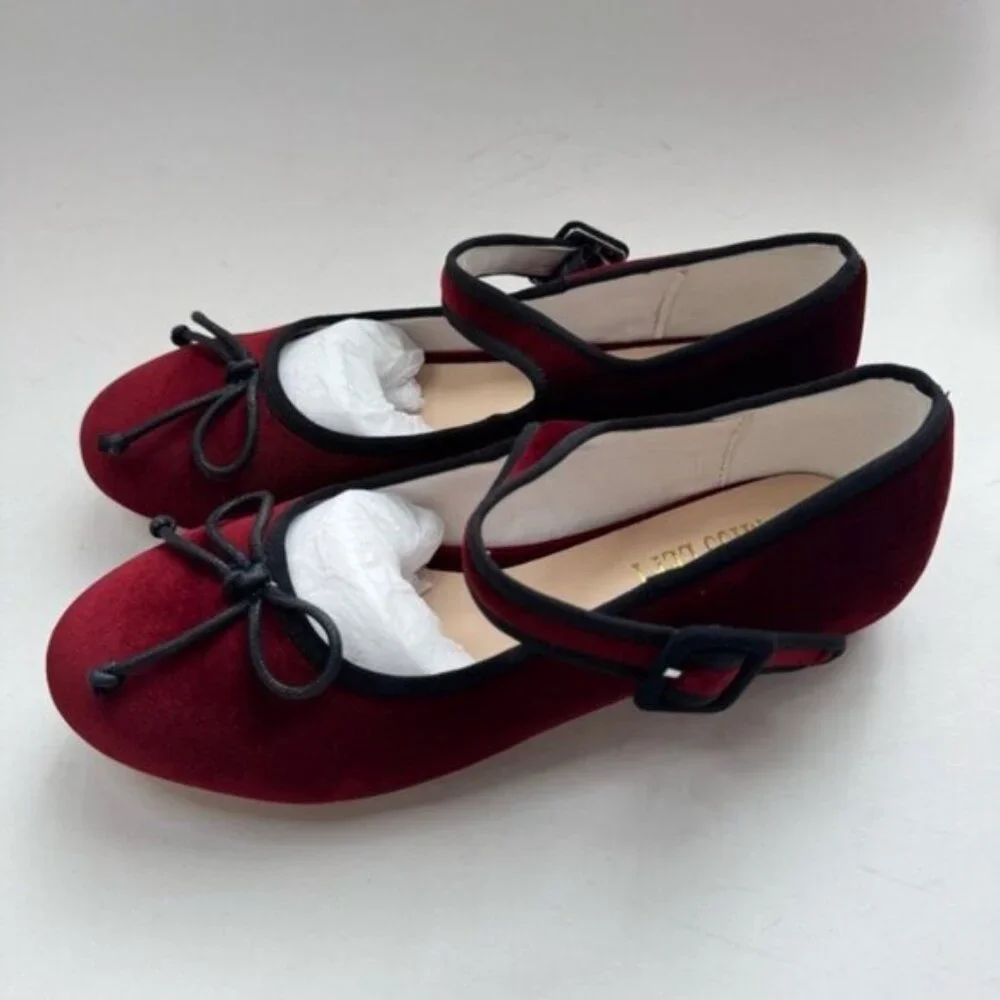 Size 7.5 Miss Left Women Bowknot Ankle Strap Classic Ballet Flats Burgundy - Picture 6 of 12